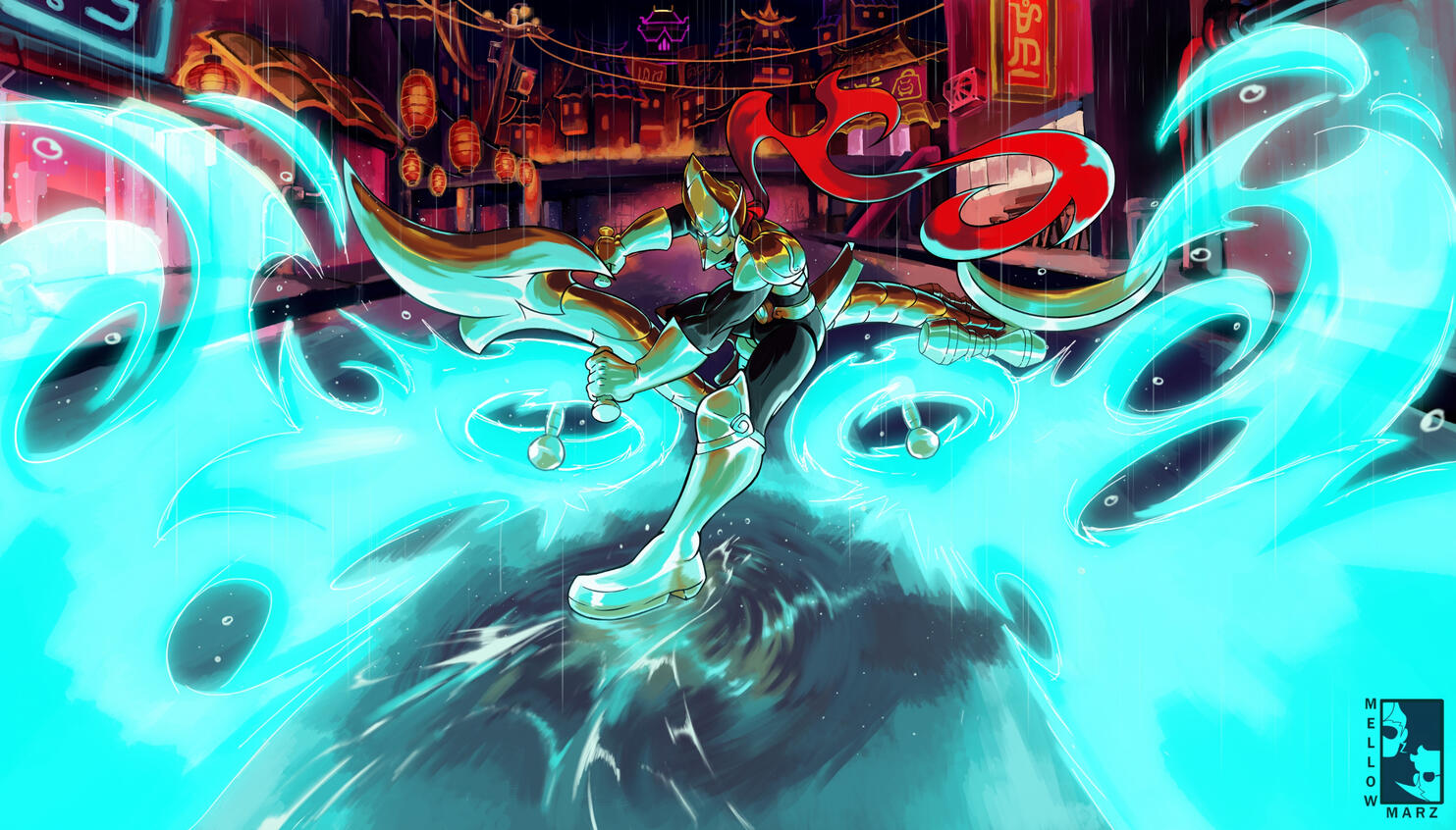 An illustration featuring the character Naga Rider from the game Indivisible. A masked hero with golden armour themed after snakes and a long, red cape. On his bike, similarly golden with a snake theme, he’s enacting the Akira Bike Slide on a neon filled s