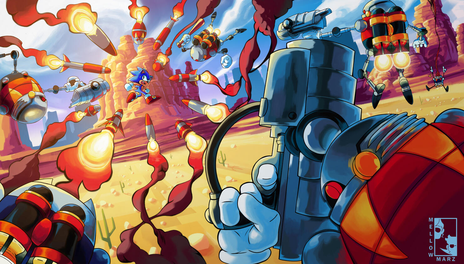 An illustration featuring the classic rendition of Sonic and an army of Eggrobos. Sonic is fighting against said army of spherical androids in the Mirage Saloon Zone, each robot having launched missiles of various shapes and sizes at the blue blur, a bead