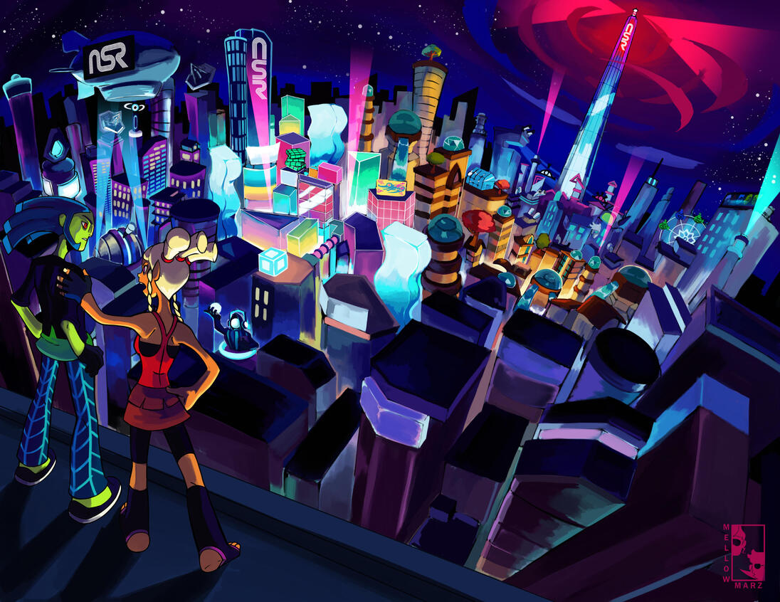 An illustration featuring Mayday & Zuke from the game No Straight Roads. Mayday is convincing Zuke to fight against NSR as they look down on Vinyl City, with every district in the game represented from the glowing light blue lights of Cast Tech, the pastel