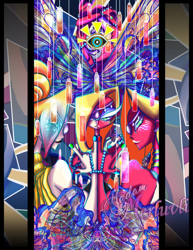 An illustration featuring multiple versions of the character Eve from No Straight Roads. Framed with butterflies, eyes & painted bottles, 3 Eves, all with dual toned pink & white skin and green, cat-like eyes, fill a third of the illustration each, their a