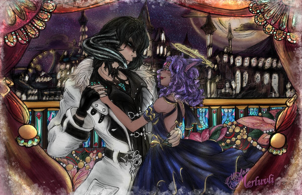 An illustration featuring Merl’s Miqo’te avatar in Final Fantasy 14, along with her partner’s avatar, a male Au Ra. Merl’s avatar is a dark skinned cat woman with purple, curvy hair and a navy blue dress held up by gold bands, her head adorned with a halo.