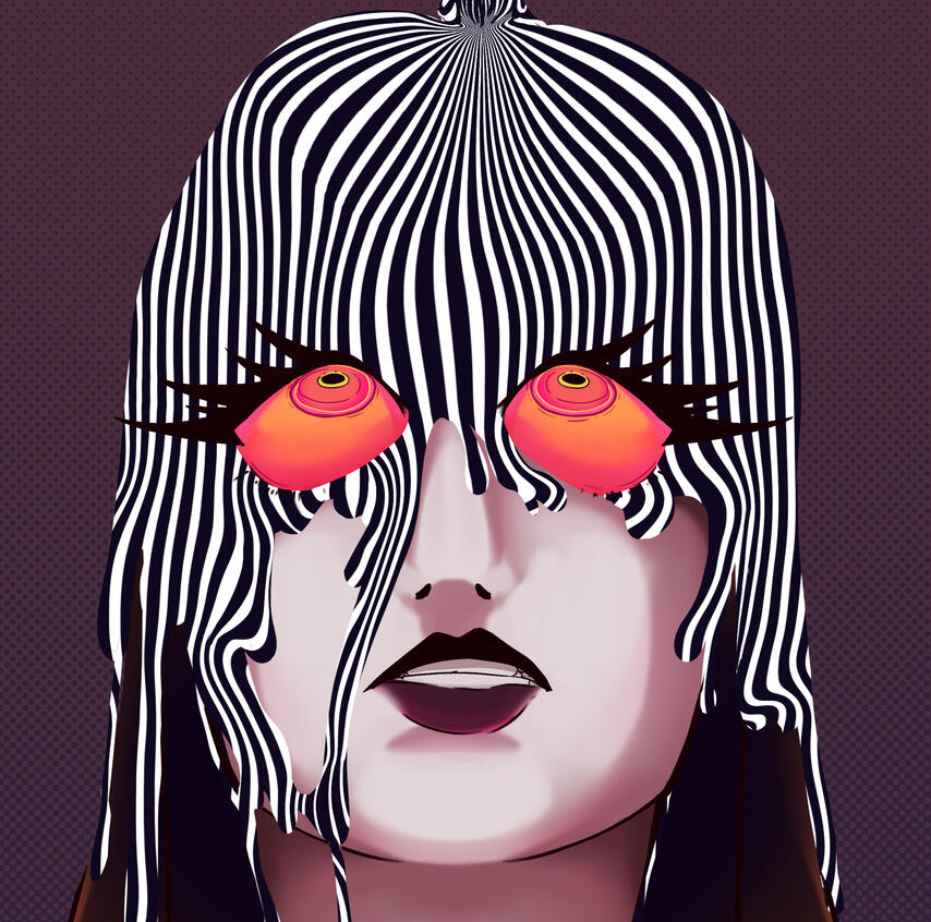 A head framed illustration featuring someone with long brown hair, plump, black lips and wide, orange eyes, staring up as monochromatic, striped goo pours down their head, obscuring the upper half of it.