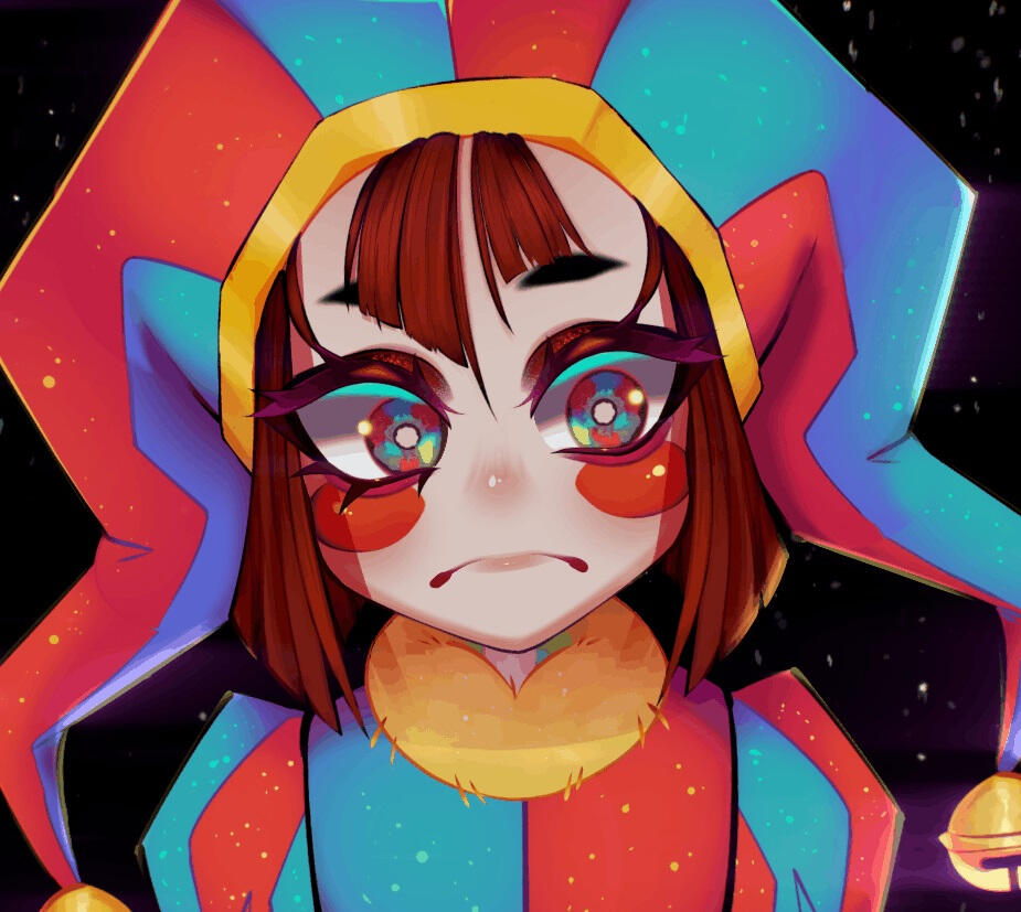 A bust framed piece featuring the character Pomni from The Amazing Digital Circus. (Unwillingly) Taking on the appearance of a jester, her face is pale with two big red cheeks, resembling face paint. Her outfit is dual toned with reds & blues, accented by