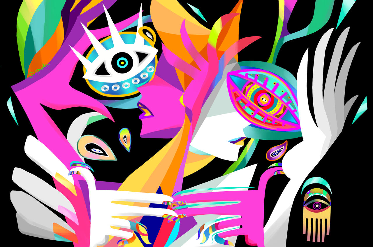An abstract illustration of the character Eve from No Straight Roads. The piece deconstructs traits of Eve’s design from her two tone body, multiple hands and general eye motif to create a psychedelic illustration, both sides of her head resting on each ot