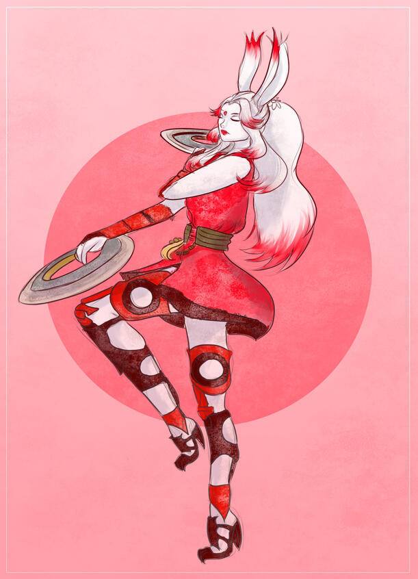 A full body view piece featuring a Viera Dancer from Final Fantasy 14, belonging to a friend of Dany. The woman is tall with an athletic frame, her skin pale. Her lips are glossed with the red that highlights her white hair and the gem on her forehead. Her