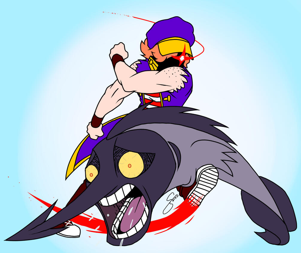 An illustration featuring Doon’s table top player character, Belle Pepper. A small, strong woman with orange hair and a purple hair & ringleader coat over her red & white Strongwoman outfit, her face is obscured by shadow, her eye illuminated by a sinister